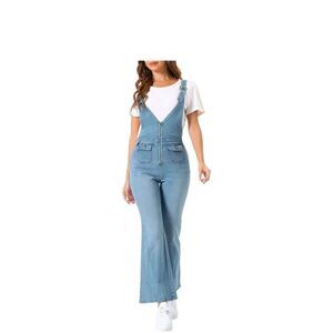 Allegra K Denim Jumpsuit Women's Medium V Neck‎ Bell Bottom Flare Boho New